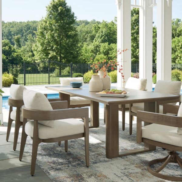 Serene Bay - 7PC - Dining Table , 4 Arm chairs, 2 Swivel Chairs - Dark Brown  Table General Dimensions: Metric
