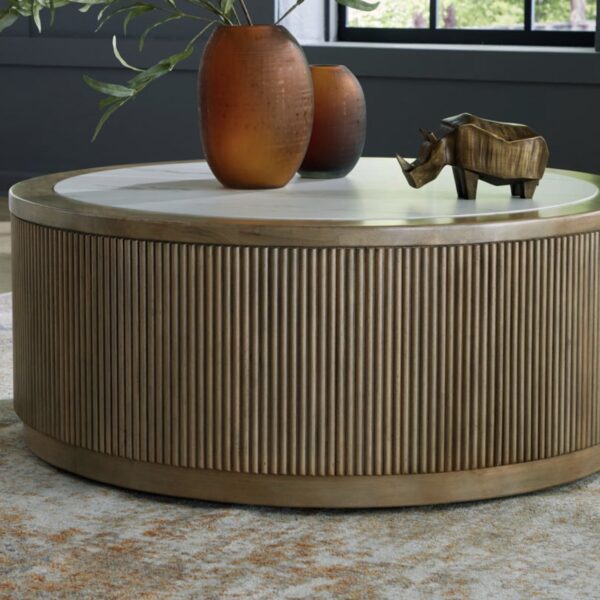 Camdill- Round Cocktail Table - Light Brown / White