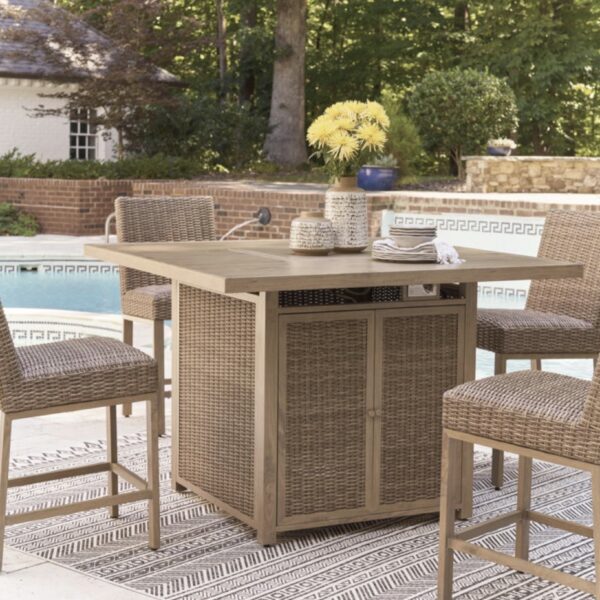 Walton bridge - 5 Pc -Square bar Table W/Fire Pit, 4 Bar Stools - Driftwood