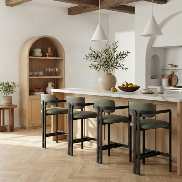 Aurum Vegan Leather Upholstered And Matte Black Iron Frame Counter Stool