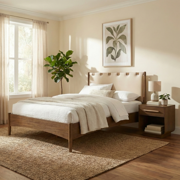 MERIDIAN Santos Vegan Leather Headboard and Wood Bed