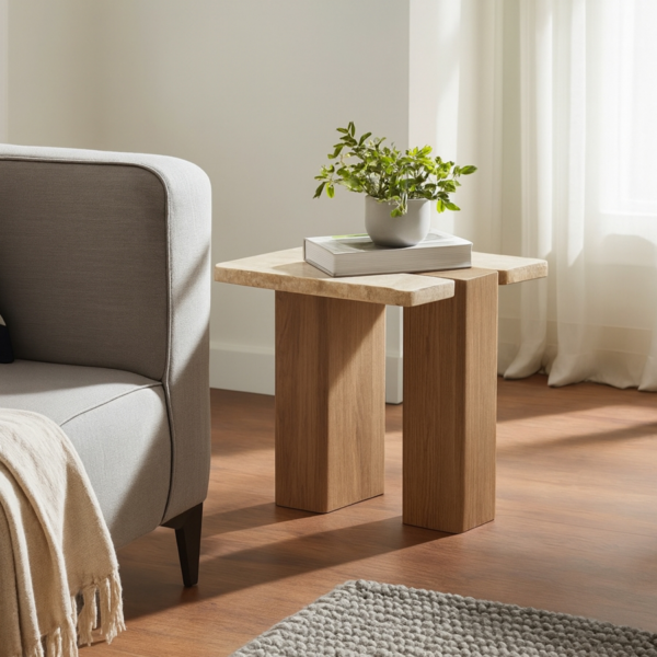 Ravenna Genuine Travertine and Oak End / Side Table